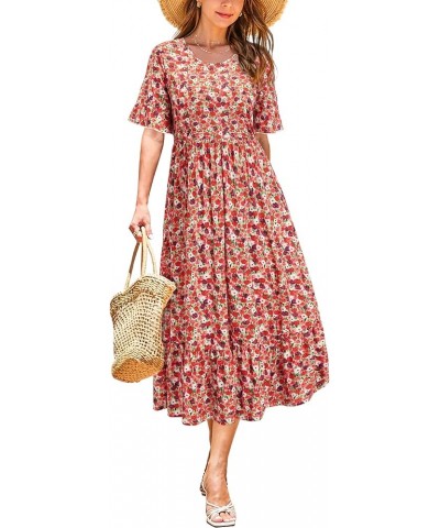 Womens Summer Dresses 2024 Casual Short Sleeve Crewneck Tiered Flowy Midi Dress Long Beach Sundress with Pockets Floral06 $21...