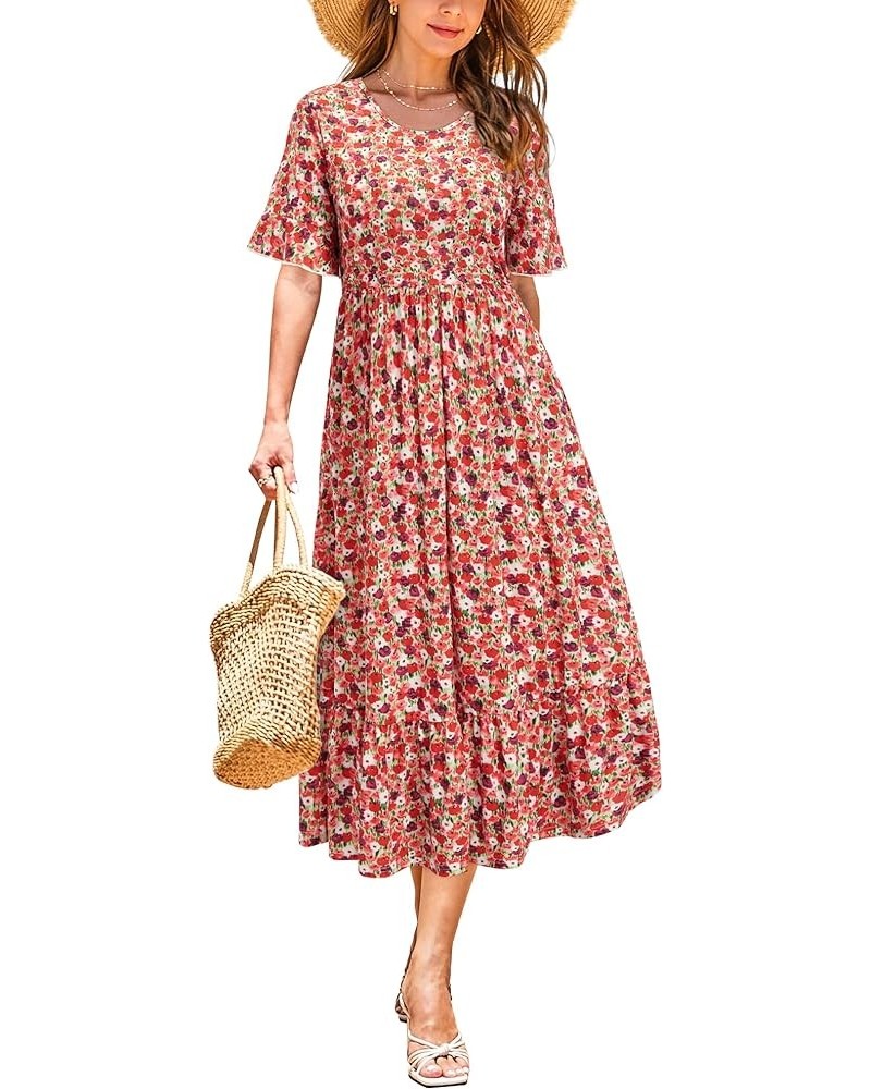 Womens Summer Dresses 2024 Casual Short Sleeve Crewneck Tiered Flowy Midi Dress Long Beach Sundress with Pockets Floral06 $21...