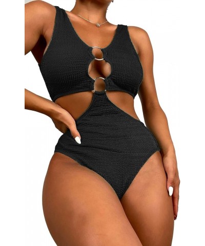 Women's One Piece Swimsuit Textured O-Ring Linked Bathing Suit Black $15.39 Swimsuits