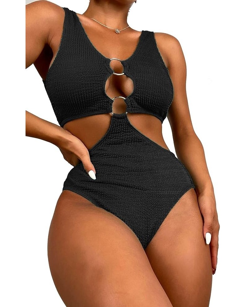 Women's One Piece Swimsuit Textured O-Ring Linked Bathing Suit Black $15.39 Swimsuits