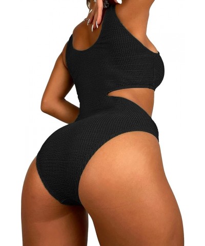 Women's One Piece Swimsuit Textured O-Ring Linked Bathing Suit Black $15.39 Swimsuits