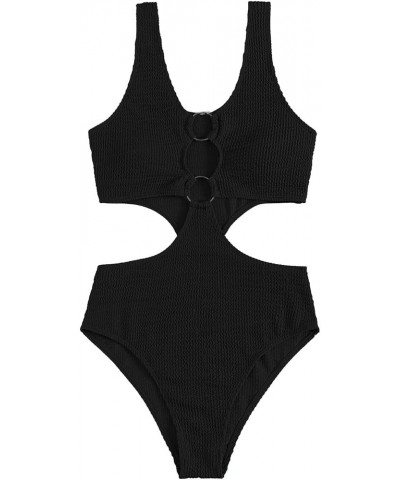 Women's One Piece Swimsuit Textured O-Ring Linked Bathing Suit Black $15.39 Swimsuits