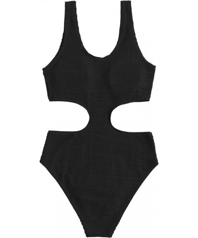 Women's One Piece Swimsuit Textured O-Ring Linked Bathing Suit Black $15.39 Swimsuits