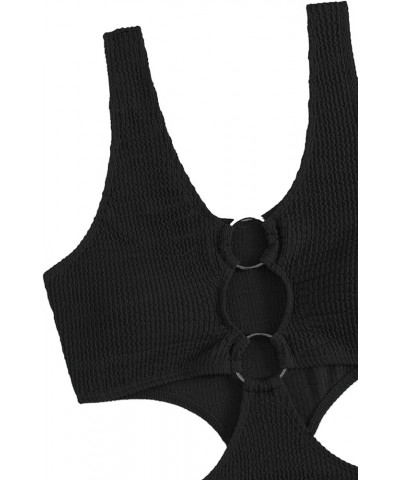 Women's One Piece Swimsuit Textured O-Ring Linked Bathing Suit Black $15.39 Swimsuits