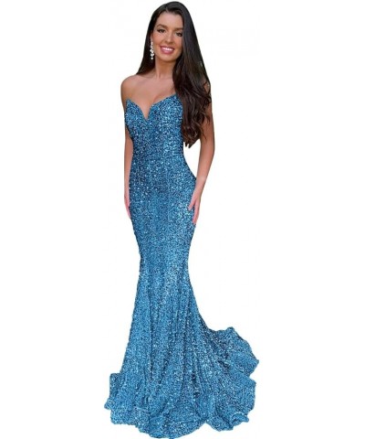 Mermaid Sequin Prom Dresses 2023 Long Formal Dresses with Train Strapless Backless V-Neck Trumpet Evening Gowns for Women Aqu...