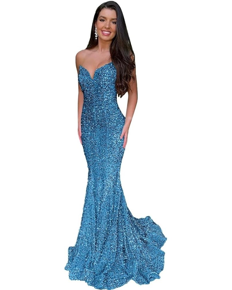 Mermaid Sequin Prom Dresses 2023 Long Formal Dresses with Train Strapless Backless V-Neck Trumpet Evening Gowns for Women Aqu...