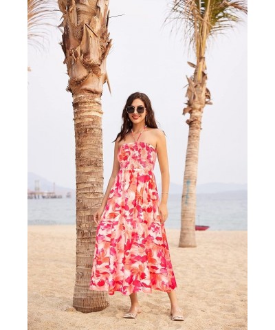 Women's Summer Beach Boho Smocked Strapless Maxi Dress with Pockets Red $15.19 Dresses