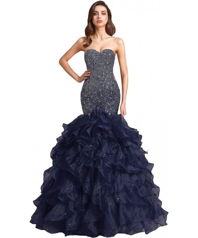 Crystals Long Mermaid Ruffles Beaded Sweetheart Corset Formal Prom Evening Dresses Dark Navy $58.80 Dresses