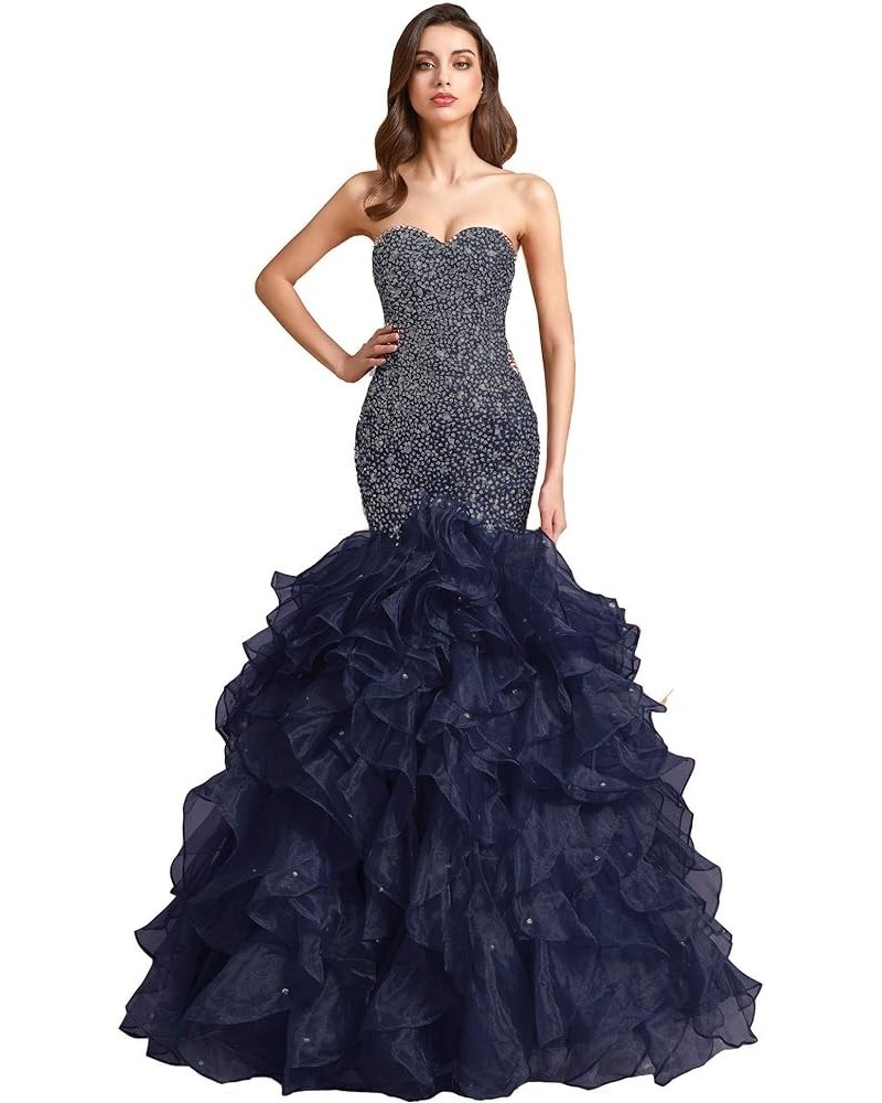 Crystals Long Mermaid Ruffles Beaded Sweetheart Corset Formal Prom Evening Dresses Dark Navy $58.80 Dresses