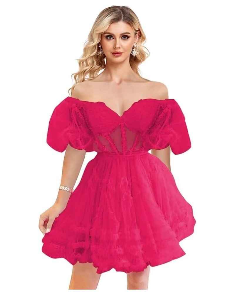 Off Shoulder A Line Homecoming Dresses Puffy Sleeve Tulle Short Prom Dresses Ruffles Mini Dresses for Party Rose Red $43.61 D...