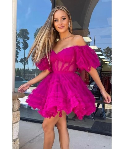 Off Shoulder A Line Homecoming Dresses Puffy Sleeve Tulle Short Prom Dresses Ruffles Mini Dresses for Party Rose Red $43.61 D...