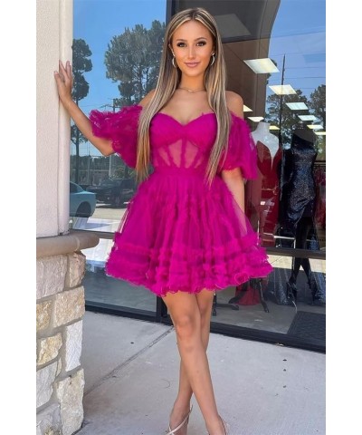 Off Shoulder A Line Homecoming Dresses Puffy Sleeve Tulle Short Prom Dresses Ruffles Mini Dresses for Party Rose Red $43.61 D...