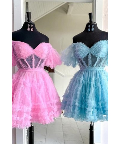 Off Shoulder A Line Homecoming Dresses Puffy Sleeve Tulle Short Prom Dresses Ruffles Mini Dresses for Party Rose Red $43.61 D...