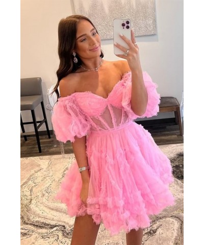 Off Shoulder A Line Homecoming Dresses Puffy Sleeve Tulle Short Prom Dresses Ruffles Mini Dresses for Party Rose Red $43.61 D...