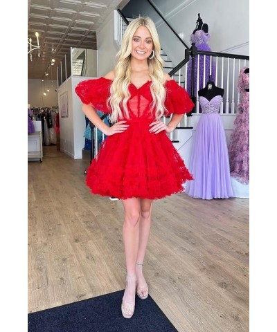 Off Shoulder A Line Homecoming Dresses Puffy Sleeve Tulle Short Prom Dresses Ruffles Mini Dresses for Party Rose Red $43.61 D...