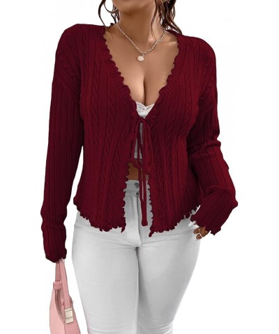 Women's Plus Size Cable Knit Long Sleeve Tie Front Lettuce Trim Cardigan Sweaters Burgundy $18.54 Sweaters