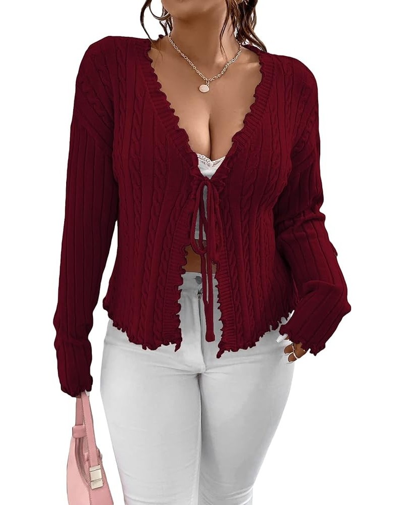 Women's Plus Size Cable Knit Long Sleeve Tie Front Lettuce Trim Cardigan Sweaters Burgundy $18.54 Sweaters