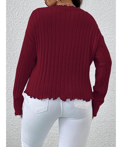 Women's Plus Size Cable Knit Long Sleeve Tie Front Lettuce Trim Cardigan Sweaters Burgundy $18.54 Sweaters