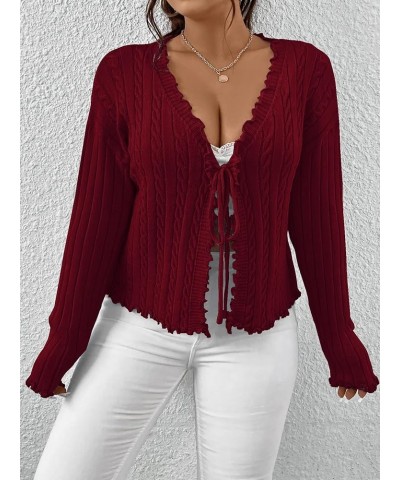 Women's Plus Size Cable Knit Long Sleeve Tie Front Lettuce Trim Cardigan Sweaters Burgundy $18.54 Sweaters