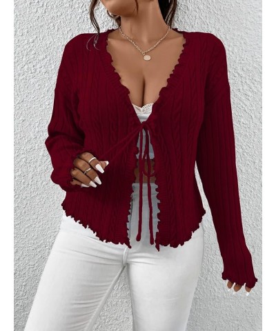 Women's Plus Size Cable Knit Long Sleeve Tie Front Lettuce Trim Cardigan Sweaters Burgundy $18.54 Sweaters