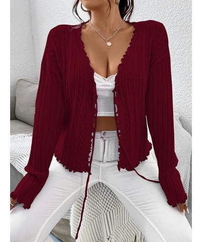 Women's Plus Size Cable Knit Long Sleeve Tie Front Lettuce Trim Cardigan Sweaters Burgundy $18.54 Sweaters