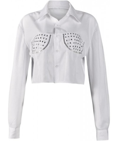 Women Rhinestone Tassel Button Down Shirt Long Sleeve Lapel Cute Blouse Crop Top 02-white $16.00 Blouses