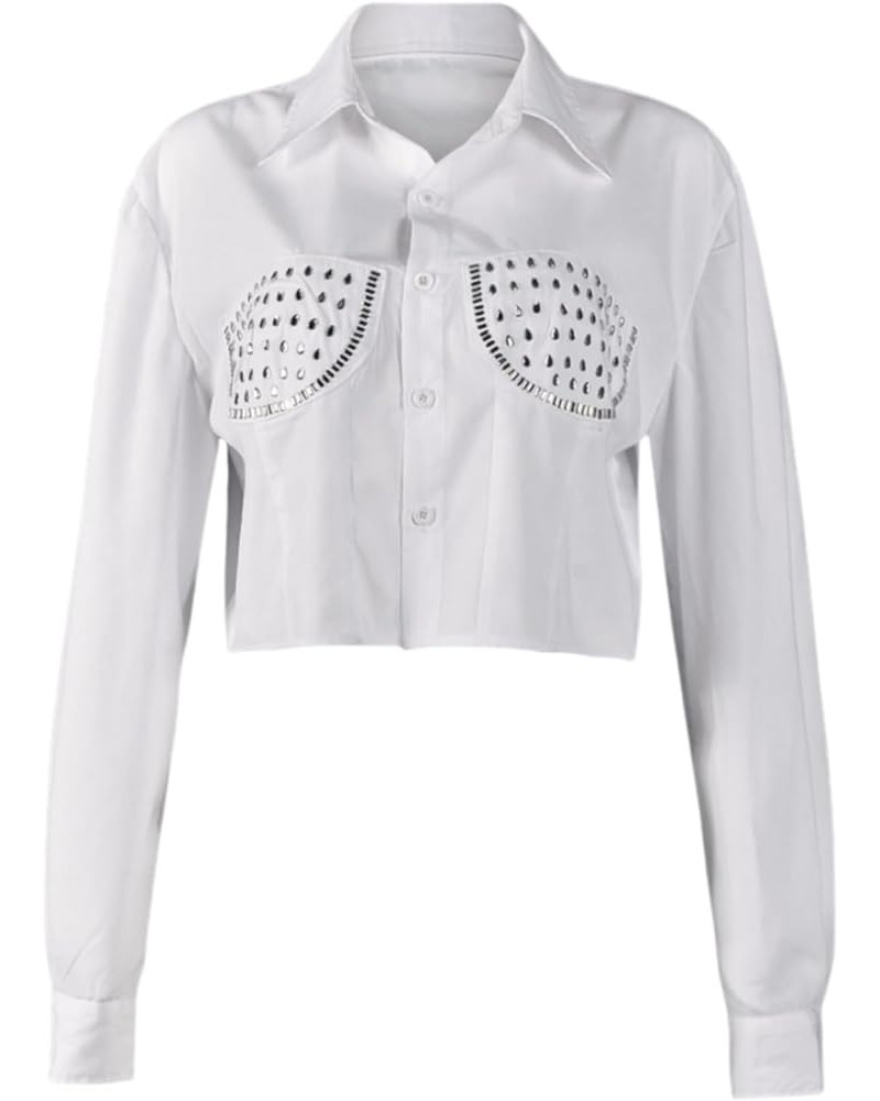 Women Rhinestone Tassel Button Down Shirt Long Sleeve Lapel Cute Blouse Crop Top 02-white $16.00 Blouses