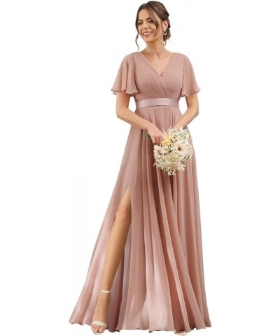 Women's Flutter Sleeves Bridesmaid Dresses 2024 Split Long Chiffon Pleated V Neck Formal Party Dress with Pockets DE03 Dusty ...