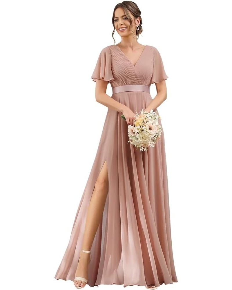 Women's Flutter Sleeves Bridesmaid Dresses 2024 Split Long Chiffon Pleated V Neck Formal Party Dress with Pockets DE03 Dusty ...