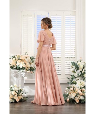 Women's Flutter Sleeves Bridesmaid Dresses 2024 Split Long Chiffon Pleated V Neck Formal Party Dress with Pockets DE03 Dusty ...