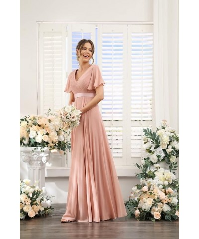 Women's Flutter Sleeves Bridesmaid Dresses 2024 Split Long Chiffon Pleated V Neck Formal Party Dress with Pockets DE03 Dusty ...