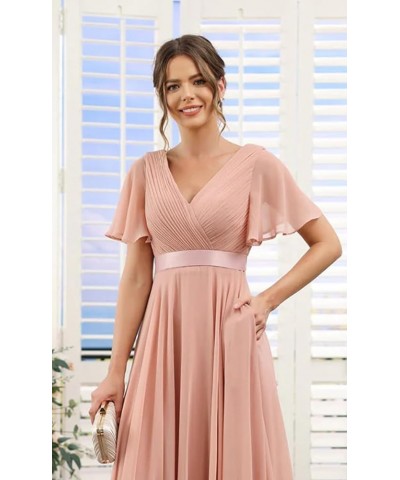 Women's Flutter Sleeves Bridesmaid Dresses 2024 Split Long Chiffon Pleated V Neck Formal Party Dress with Pockets DE03 Dusty ...