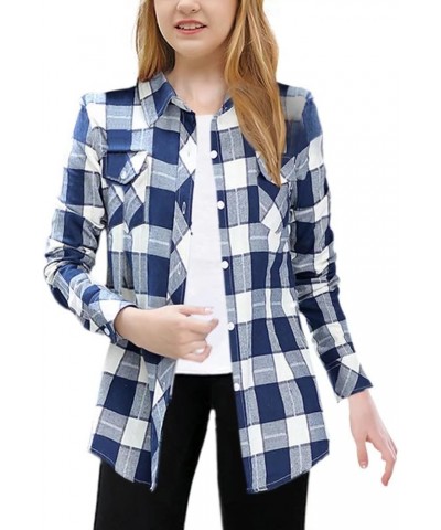 Women's Girls Long Sleeve Button Down Plaid Flannel Casual Shirts Blue White Plaid $7.83 Blouses