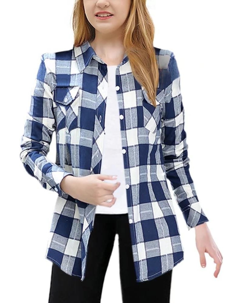 Women's Girls Long Sleeve Button Down Plaid Flannel Casual Shirts Blue White Plaid $7.83 Blouses