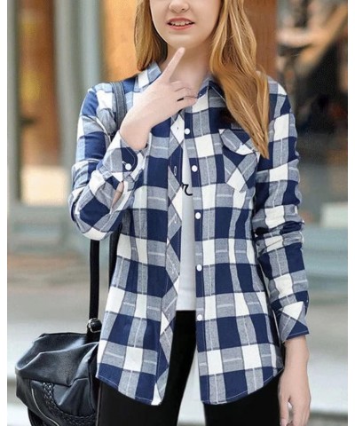 Women's Girls Long Sleeve Button Down Plaid Flannel Casual Shirts Blue White Plaid $7.83 Blouses