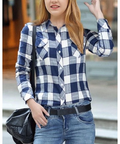 Women's Girls Long Sleeve Button Down Plaid Flannel Casual Shirts Blue White Plaid $7.83 Blouses