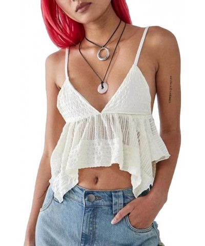 Women Fairy Grunge Sleeveless V-Neck Tie-up Tank Tops Irregular Hem 90s Aesthetic Crop Tops F-white $9.03 Tanks