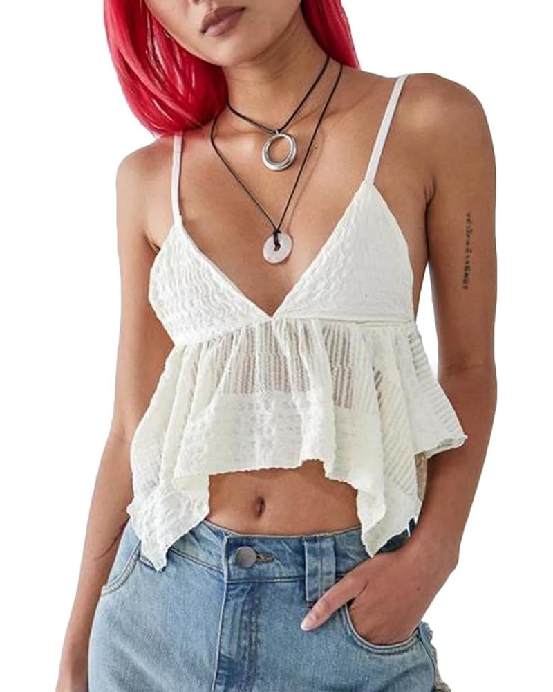 Women Fairy Grunge Sleeveless V-Neck Tie-up Tank Tops Irregular Hem 90s Aesthetic Crop Tops F-white $9.03 Tanks