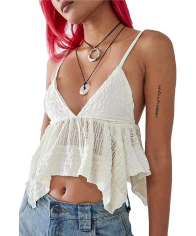 Women Fairy Grunge Sleeveless V-Neck Tie-up Tank Tops Irregular Hem 90s Aesthetic Crop Tops F-white $9.03 Tanks