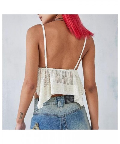 Women Fairy Grunge Sleeveless V-Neck Tie-up Tank Tops Irregular Hem 90s Aesthetic Crop Tops F-white $9.03 Tanks