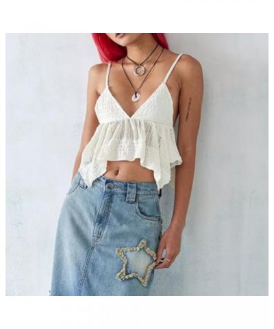 Women Fairy Grunge Sleeveless V-Neck Tie-up Tank Tops Irregular Hem 90s Aesthetic Crop Tops F-white $9.03 Tanks