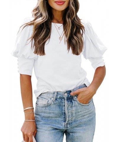 Women's Puff Sleeve Tops Summer Crewneck Loose Casual Blouse Shirts White $13.12 Blouses