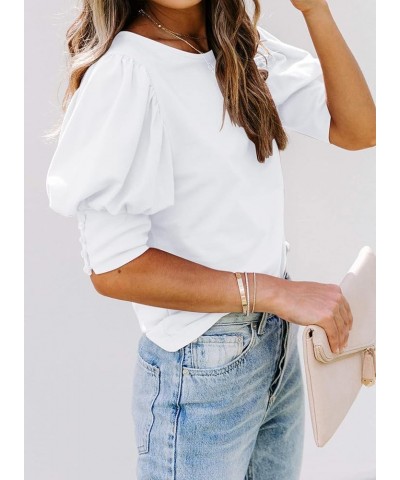 Women's Puff Sleeve Tops Summer Crewneck Loose Casual Blouse Shirts White $13.12 Blouses