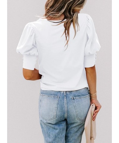 Women's Puff Sleeve Tops Summer Crewneck Loose Casual Blouse Shirts White $13.12 Blouses