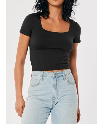 Womens Square Neck Short Sleeve Crop Tops Double Layer Tight T Shirts Cropped Basic Tee Black $14.44 T-Shirts