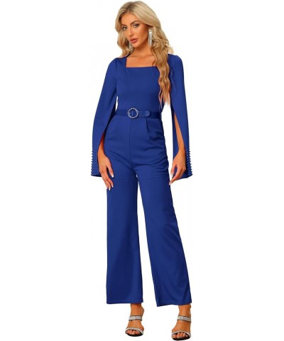 Women's High Waist Jumpsuit Square Neck Wide Leg Long Pant Romper Jumpsuits with Belted Royal Blue $19.60 Jumpsuits