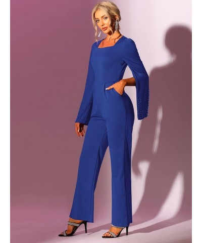 Women's High Waist Jumpsuit Square Neck Wide Leg Long Pant Romper Jumpsuits with Belted Royal Blue $19.60 Jumpsuits