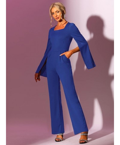 Women's High Waist Jumpsuit Square Neck Wide Leg Long Pant Romper Jumpsuits with Belted Royal Blue $19.60 Jumpsuits