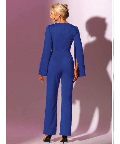 Women's High Waist Jumpsuit Square Neck Wide Leg Long Pant Romper Jumpsuits with Belted Royal Blue $19.60 Jumpsuits