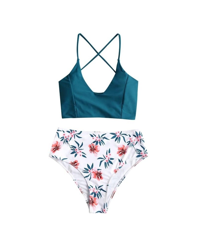 Women's Spaghetti Straps Floral Print Criss Cross Tankini High Leg Two Piece Swimsuit 223-deep Green $10.19 Swimsuits